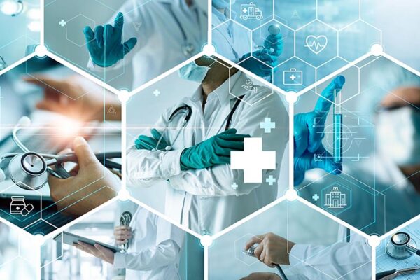 Medical icons and hexagonal patterns overlay medical professionals in lab coats and masks. They are all interacting with digital health technology.