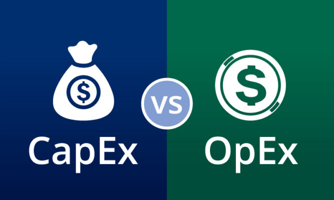 A graphic displaying CapEx vs OpEx. A money bag icon is on the CapEx side and a coin icon is on the OpEx side.