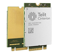 The Telit Cinterion module is displayed on a white background along with a 5G data card sample.