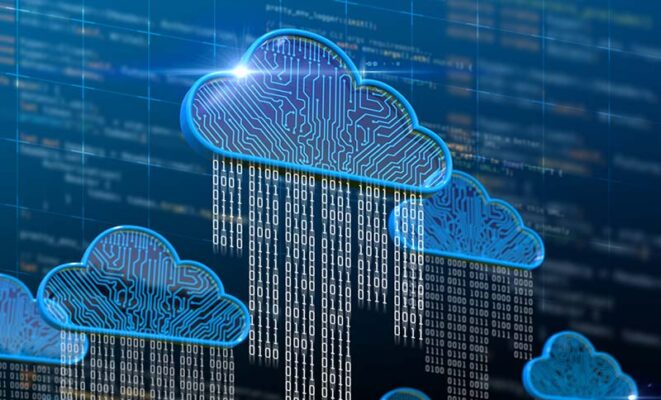 A cloud with binary code representing IoT integration.