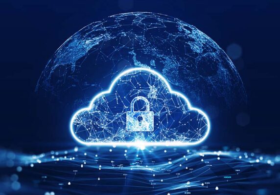 A blue cloud with a padlock, symbolizing secure IoT cloud integration.