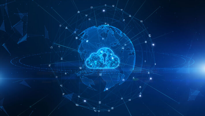 A digital cloud with a keyhole overlaid on a globe, connected by a network of lines and nodes, symbolizing worldwide security.