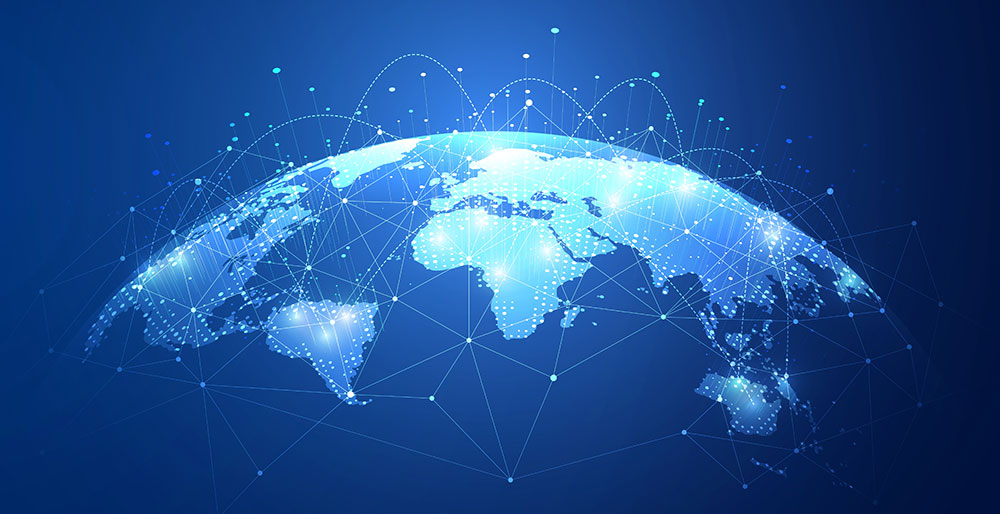 A view of Earth from space, showcasing a network of interconnected lines and dots representing global connectivity.