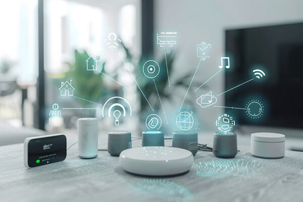 A variety of smart home devices and IoT hardware are displayed on a table, with digital icons above them representing internet connectivity and various smart functions.