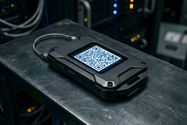 A rugged IoT hardware device displaying a QR code on its screen rests on a metal surface in a server room environment.