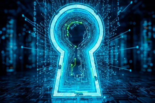 A glowing digital keyhole shape filled with circuitry and data patterns, symbolizing cybersecurity built into IoT hardware.
