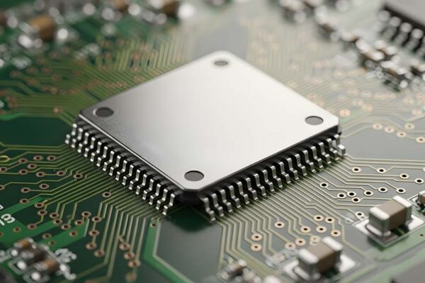 Close-up of an integrated circuit chip mounted on a green printed circuit board, with visible metal pins and circuitry traces.