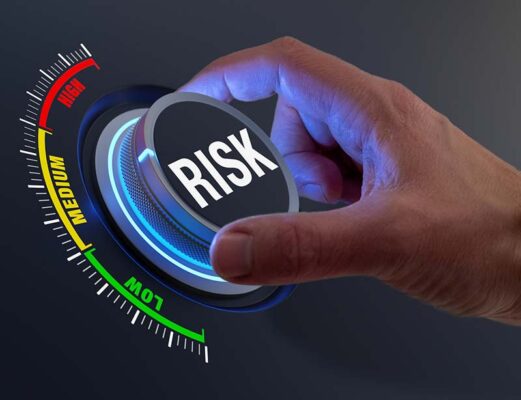 A hand is turning a dial labeled "Risk" from medium to high.