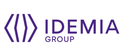 The image displays the logo of idemia group, which consists of the company name in capital letters alongside a graphic element comprising angled brackets. the logo is set against a plain background.
