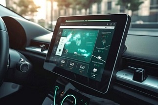 The interior of a car with an ipad on the dashboard.