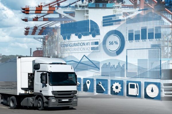 A semi-truck at a shipping port with IoT telematics and logistical digital interface graphics overlaid.