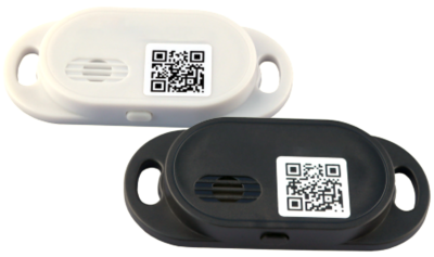 Two qr code-equipped personal alarm devices, one in white and one in black.