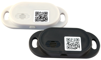 Two qr code-equipped personal alarm devices, one in white and one in black.