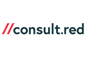 Logo of consult red, featuring the company name in lowercase letters with two red diagonal slashes before the word "consult.