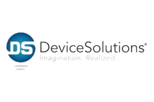 Logo of devicesolutions with the tagline "imagination. realized." featuring a blue and white color scheme.