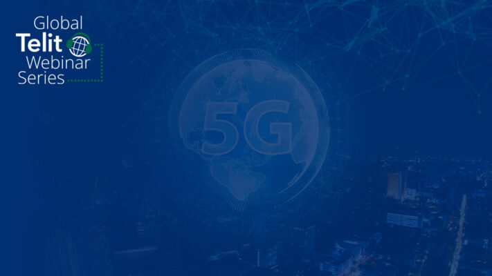 Promotional image for an "upcoming global telit webinar series" event featuring a globe overlaid with "5g" and network lines.