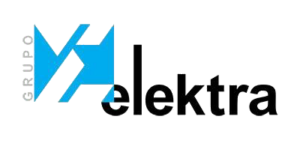 Logo of grupo elektra featuring a stylized blue letter 'e' followed by the word 'elektra' in lowercase black letters.