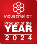 Red award badge for "industrial iot product of the year 2024" with a hexagon design, symbolizing technology and innovation.