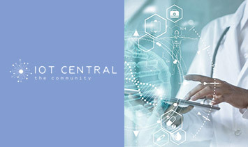 A doctor conducting a visual inspection with futuristic healthcare technology alongside the logo for "IoT Central the community".
