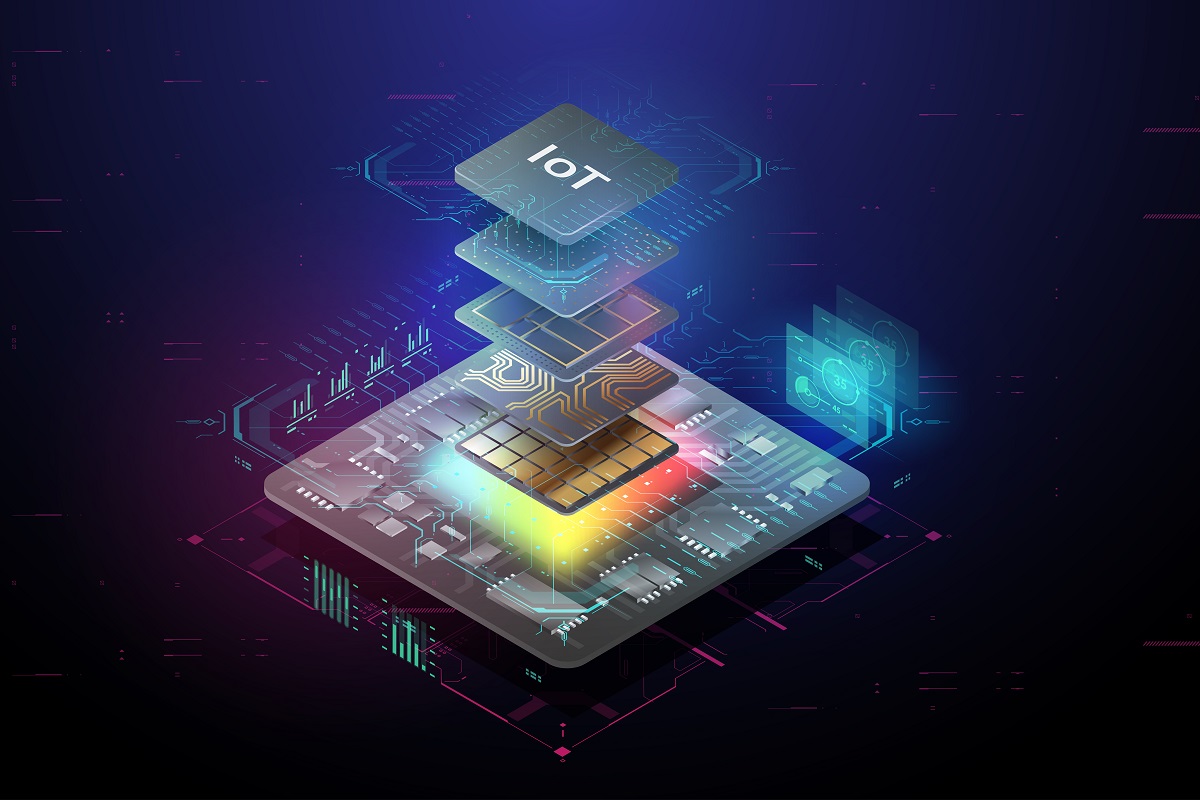 Digital illustration of advanced, custom IoT services in a layered microchip representing internet of things technology, with electronic circuitry and data flow on a dark background.
