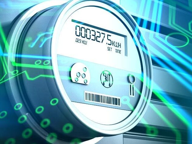 A smart energy meter is displayed against a backdrop of electronic circuits.