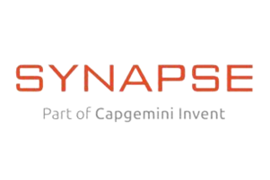 Logo of synapse, part of capgemini invent, featuring the word "synapse" in bold red letters above a smaller gray text.