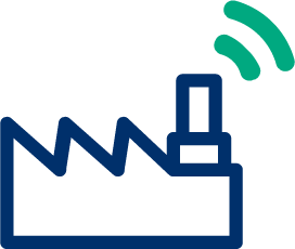 A factory icon with wireless signal waves above it, symbolizing industrial communication technology.