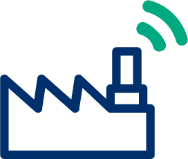 A factory icon with wireless signal waves above it, symbolizing industrial communication technology.