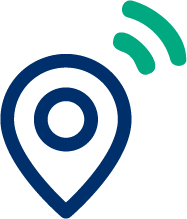 A blue location pin icon with green Wi-Fi signals emanating from the top.
