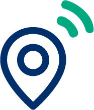 A blue location pin with green Wi-Fi signals emanating from the top.