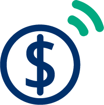 A dollar sign within a circle, accompanied by Wi-Fi signal waves.