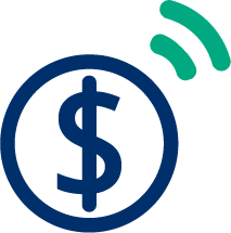 A dollar sign within a circle, accompanied by Wi-Fi signal waves.