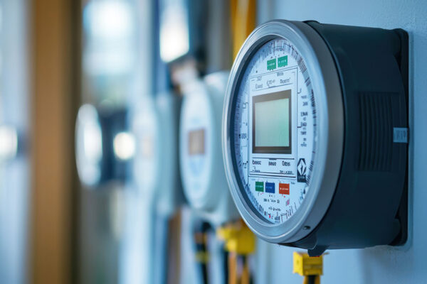 Close-up of an electric meter mounted on a wall, with other meters blurred in the background. The meter is round with a digital display and labeled indicators.