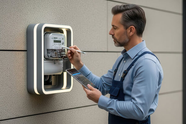 Man in work overalls reads and records data from an outdoor digital electric meter using a stylus and tablet.