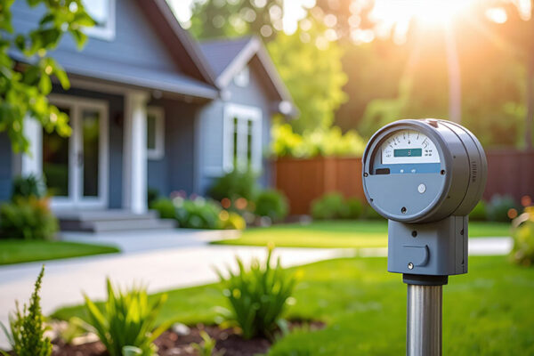 A close-up of a utility meter in the front yard of a house, surrounded by green grass, plants, and sunlight.