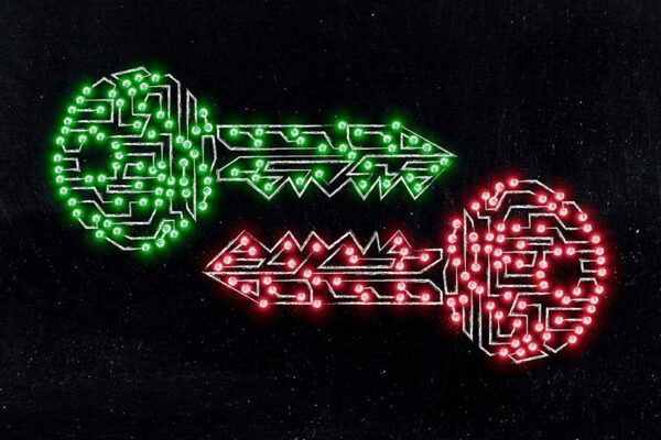 Two digital keys made of circuit patterns, one in green above and one in red below, are shown against a black background.