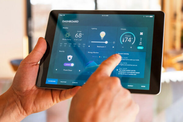 A tablet displaying a smart home control dashboard.