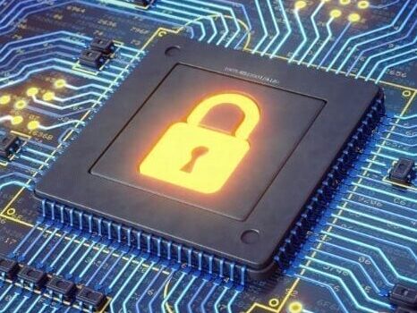 A module surrounded by circuitry with an embedded padlock glowing in the center.
