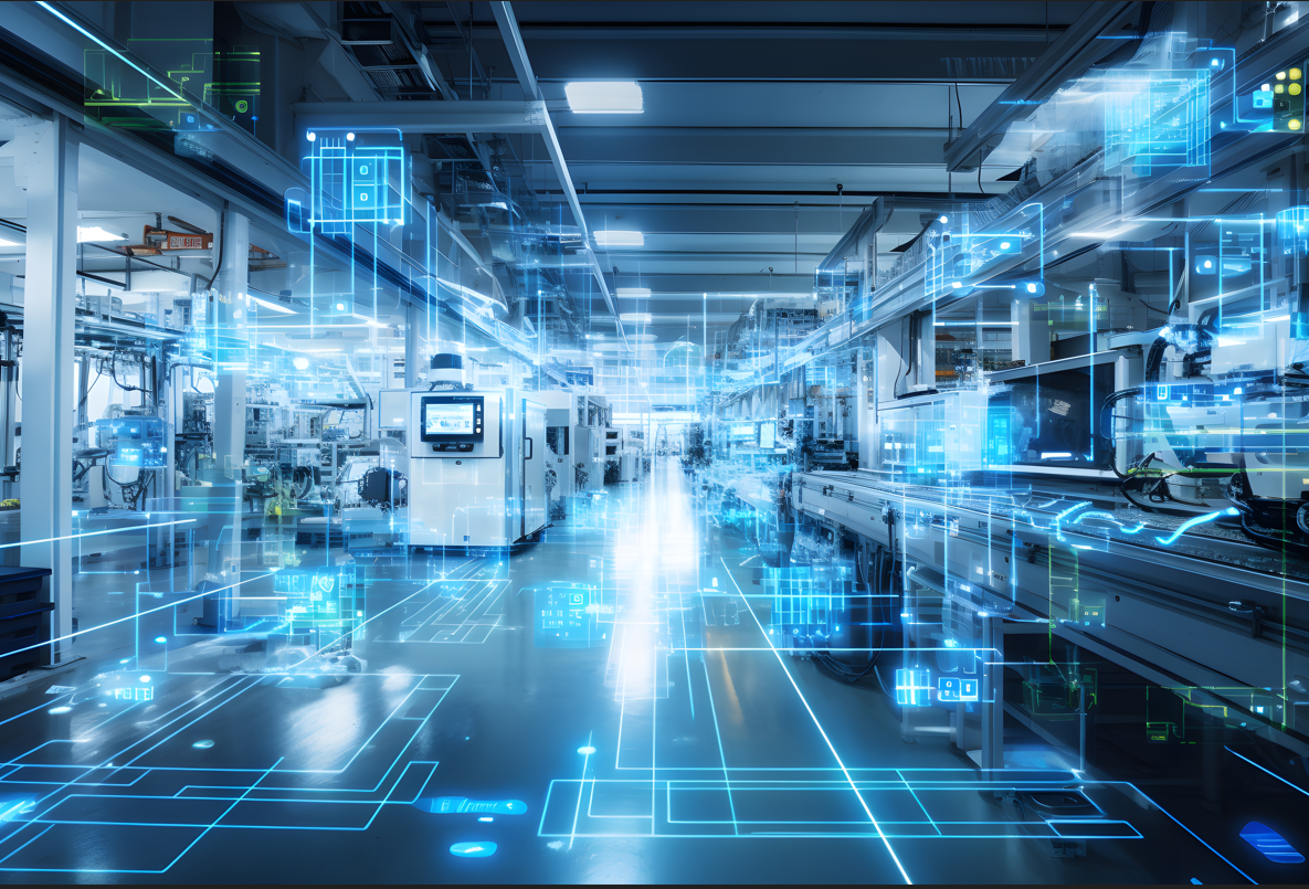 Modern industrial factory with high-tech digital overlays, showcasing automation technology and futuristic workspace.