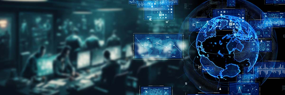 Futuristic control room featuring multiple screens displaying data and a central holographic globe.
