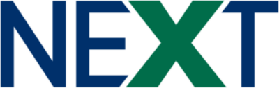 The image displays the word "NEXT" in bold capital letters, with "N," "E," and "T" in dark blue and the letter "X" in green.