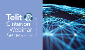 Telit Cinterion Webinar Series logo on the left with an abstract blue network design on the right.