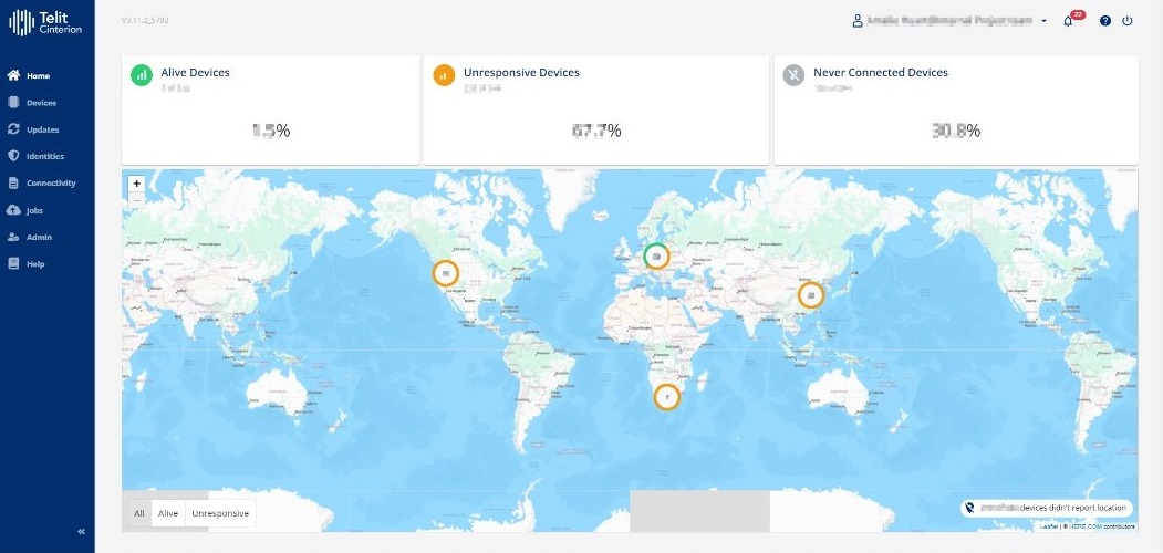 Dashboard showcasing global device connectivity status: 1.1% alive devices, 67.7% unresponsive devices, 30.1% never connected devices. The NExT eSIM provisioning portal's world map highlights IoT network device distribution.