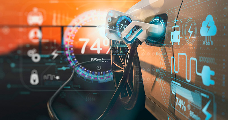 Close-up view of an electric vehicle being charged, with futuristic digital interface elements and holographic icons displaying information and statistics related to charging and performance.