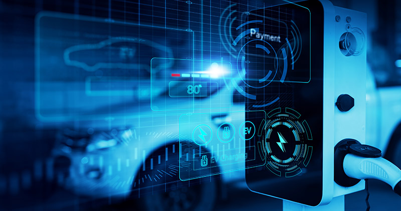 A futuristic interface for an electric vehicle charging station with digital displays and icons, including battery status, payment options, and electric vehicle symbols.