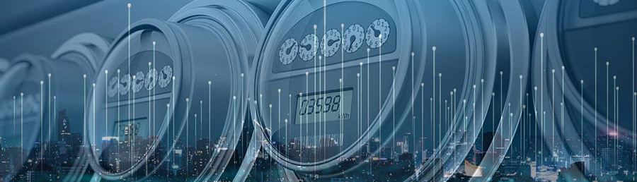 Smart meters overlaying a city landscape at night, with glowing lines representing data connectivity.