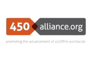 Logo of 450alliance.org with text "promoting the advancement of 450MHz worldwide." The logo features an orange and gray tag design with "450" in white on the orange tag and "alliance.org" in white on the gray tag.