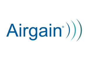 The image displays the Airgain logo. The text "Airgain" is written in blue with three curved lines in varying shades of blue and green to the right of the text.