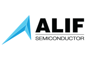 Logo of Alif Semiconductor featuring a stylized blue arrowhead on the left and the company name in bold black letters with "Semiconductor" below in smaller font.