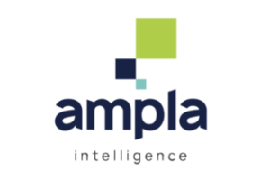 A logo featuring the text "ampla intelligence" in dark blue, with three overlapping squares in green, dark blue, and light blue above it.